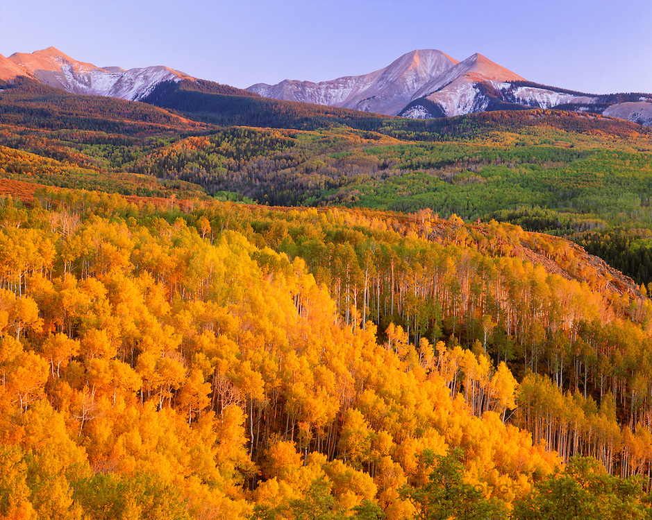 Autumn with aspens, and South Mountain with early snow. La Sal